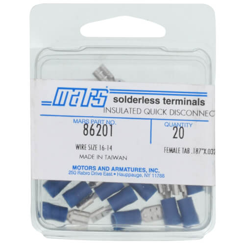 Main product image of Insulated Female Slip-On Solderless Terminal, 16-14 AWG, Tab Size .187 (20 Pack)