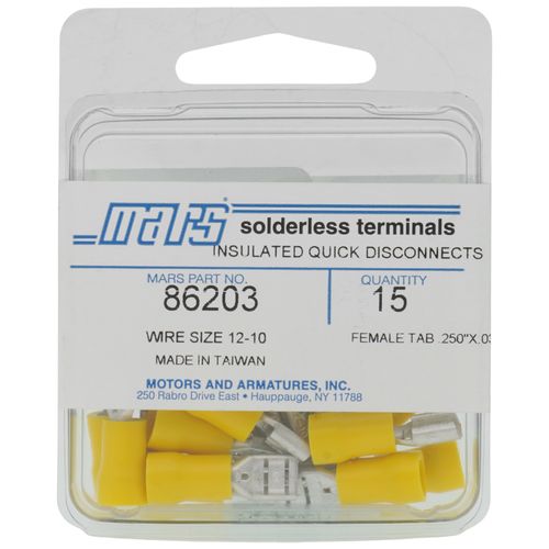 Main product image of Insulated Female Slip-On Solderless Terminal, 12-10 AWG, Tab Size .250 (15 Pack)