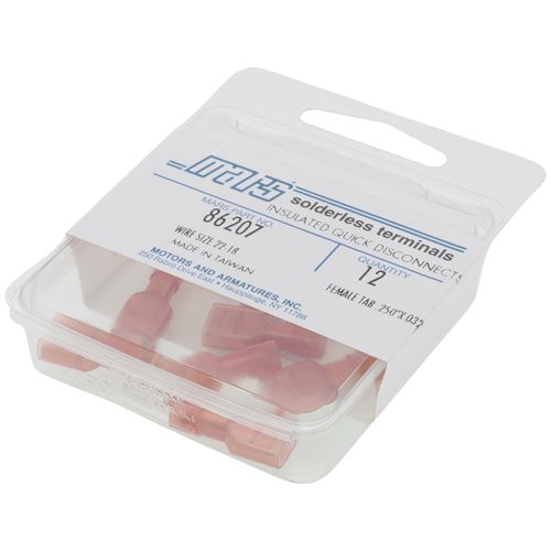 Main product image of Fully Insulated Female Slip-On Solderless Terminal, 22-18 AWG, Tab Size .250 (12 Pack)