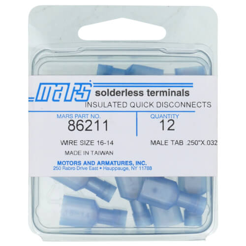 Main product image of Fully Insulated Male Slip-On Solderless Terminal, 16-14 AWG, Tab Size .250 (12 Pack)
