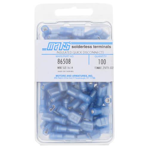 Fully Insulated Female Slip-On Solderless Terminal, 16-14 AWG, Tab Size .250 (100 Pack)