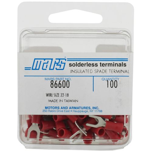 Main product image of Insulated Spade Solderless Terminal, 22-18 AWG, Stud #8 (100 Pack)