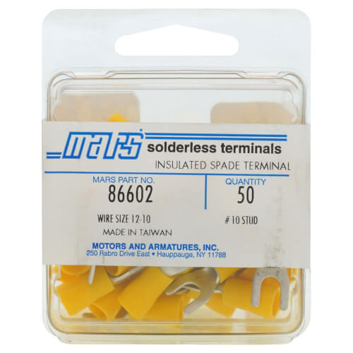 Main product image of Insulated Spade Solderless Terminal, 12-10 AWG, Stud #10 (50 Pack)
