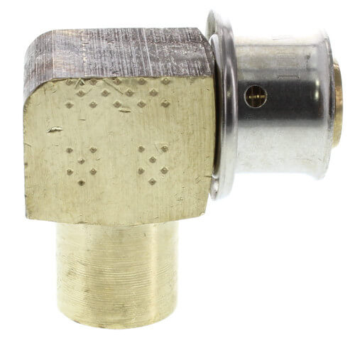 5/8" PEX Press x 3/4" Copper (male sweat) or 1/2" Copper (female sweat) 90° Elbow w/ Attached Sleeve