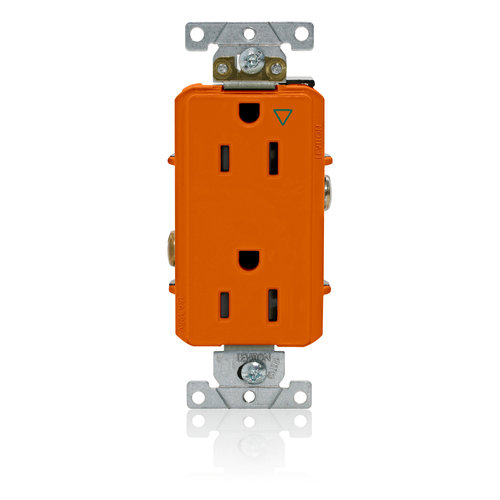 Main product image of Decora Plus Isolated Ground Duplex Receptacle Outlet,  Smooth Face, 15A, 125V Back or Side Wire, NEMA 5-15R, 2-Pole, 3-Wire, Self-Grounding (Orange)