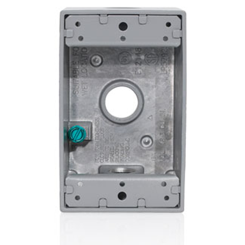 Main product image of 1-Gang Die-Cast Weatherproof Box w/ Three 1/2" Diameter Outlets, Includes Mounting Hardware and Inserts to Cover Unused Openings, GRAY