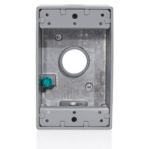 Main product image of 1-Gang Die-Cast Weatherproof Box w/ Three 3/4" Diameter Outlets, Includes Mounting Hardware and Inserts to Cover Unused Openings, GRAY