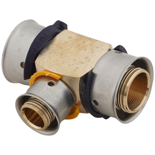 Main product image of 3/4" x 3/4" x 1/2" PEX Press Reducing Tee w/ Attached Sleeve (Zero Lead Bronze)
