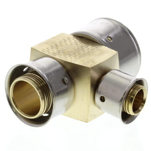 Main product image of 1" x 3/4" x 1/2" PEX Press Reducing Tee w/ Attached Sleeve (Zero Lead Bronze)