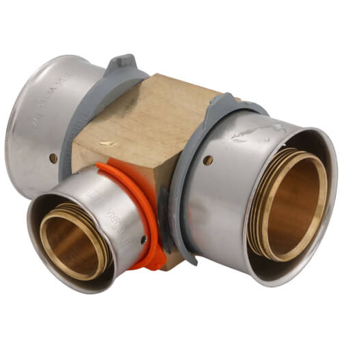 Main product image of 1-1/2" x 1-1/2" x 1" PEX Press Reducing Tee w/ Attached Sleeve (Zero Lead Bronze)