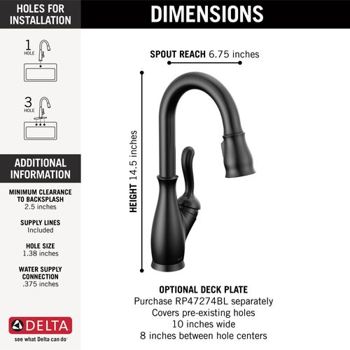 Main product image of Leland 1 Handle Pull-down Bar/Prep Faucet (Matte Black), 9678-BL-DST