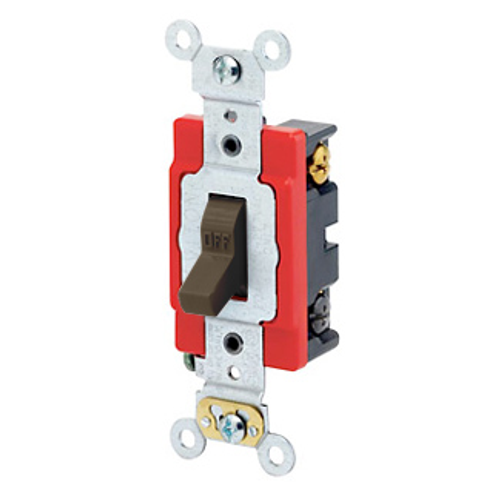 Main product image of 20A, 120/277V Toggle 4-way AC Quiet Switch, Extra Heavy Duty Spec Grade, Self Grounding, Back & Side Wired (Brown)