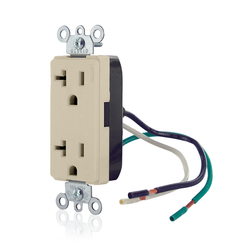 Main product image of Decora Plus Duplex Receptacle Outlet,  Smooth Face, 20A, 125V Pre-Wired Leads (hot and neutral), NEMA 5-20R, 2-Pole, 3-Wire, Self-Grounding (Ivory)