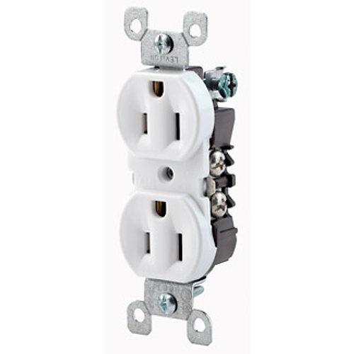 Main product image of 15A, 125V NEMA 5-15r, 2-pole, 3-wire, Co/alr Duplex Receptacle, Straight Blade, Residential Grade, Grounding, Side Wired, Steel Strap (White)