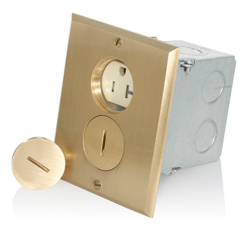 Main product image of 1-Gang Floor Box Receptacle, 20A 125V 2P 3W Tamper Proof, Straight Blade, Brass Plate (Ivory)