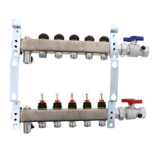 Main product image of 5-Loop 1" Stainless Steel Radiant Heat Manifold Assembly w/ Flow Meter