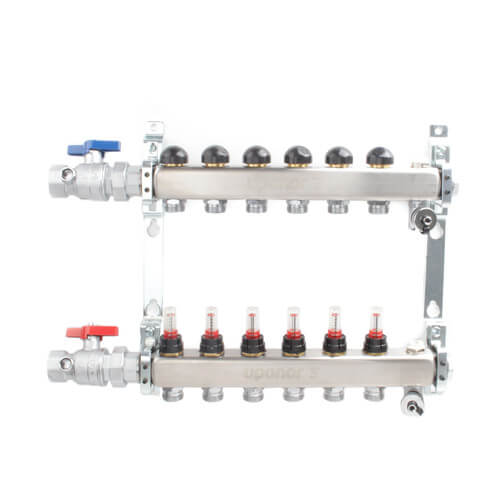 Main product image of 6-Loop 1" Stainless Steel Radiant Heat Manifold Assembly w/ Flow Meter