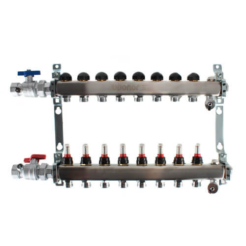 Main product image of 8-Loop 1" Stainless Steel Radiant Heat Manifold Assembly w/ Flow Meter