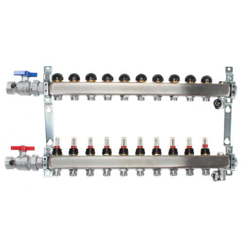 Main product image of 10-Loop 1" Stainless Steel Radiant Heat Manifold Assembly w/ Flow Meter