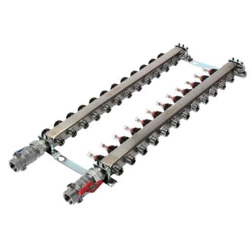 Main product image of 12-Loop 1" Stainless Steel Radiant Heat Manifold Assembly w/ Flow Meter