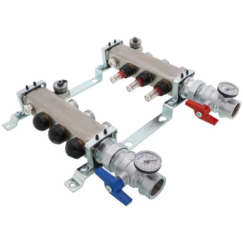 Main product image of 3-Loop 1-1/4" Stainless Steel Radiant Heat Manifold Assembly w/ Flow Meter