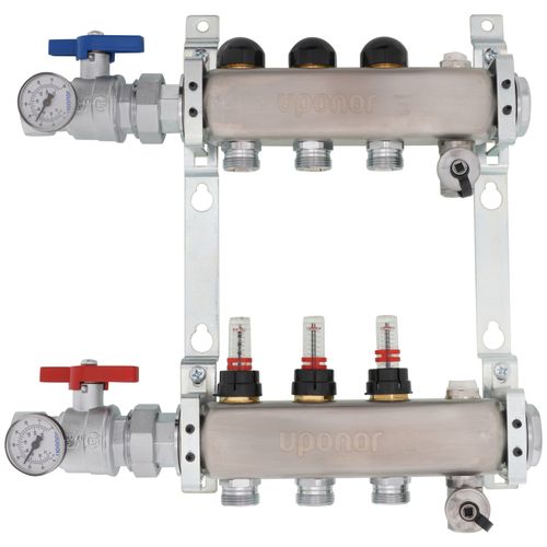 Main product image of 3-Loop 1-1/4" Stainless Steel Radiant Heat Manifold Assembly w/ Flow Meter