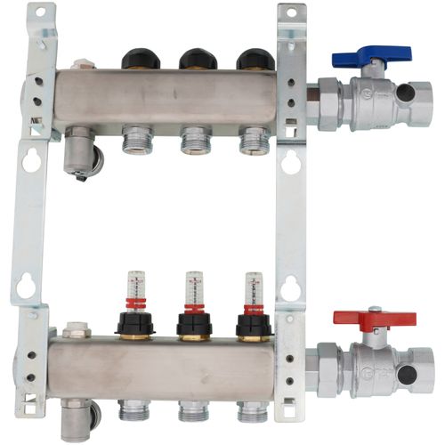 Main product image of 3-Loop 1-1/4" Stainless Steel Radiant Heat Manifold Assembly w/ Flow Meter