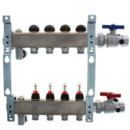 Main product image of 4-Loop 1-1/4" Stainless Steel Radiant Heat Manifold Assembly w/ Flow Meter