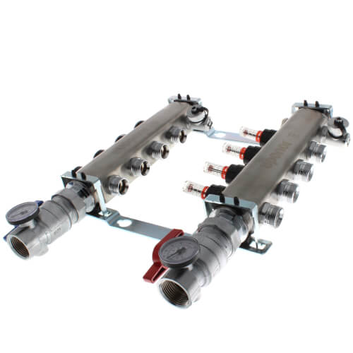 Main product image of 4-Loop 1-1/4" Stainless Steel Radiant Heat Manifold Assembly w/ Flow Meter