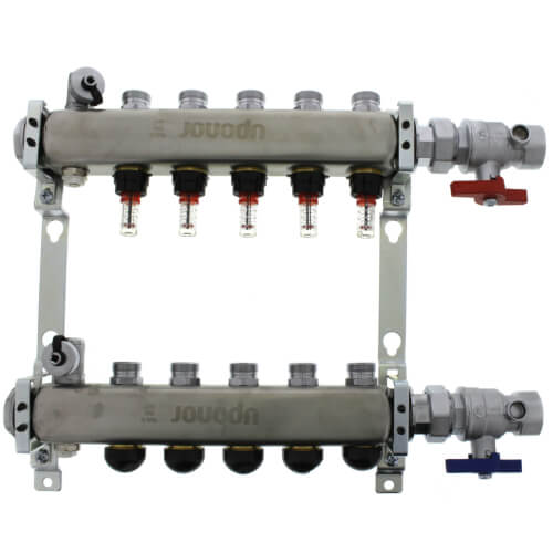 Main product image of 5-Loop 1-1/4" Stainless Steel Radiant Heat Manifold Assembly w/ Flow Meter