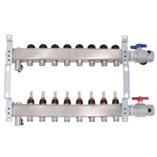 Main product image of 8-Loop 1-1/4" Stainless Steel Radiant Heat Manifold Assembly w/ Flow Meter