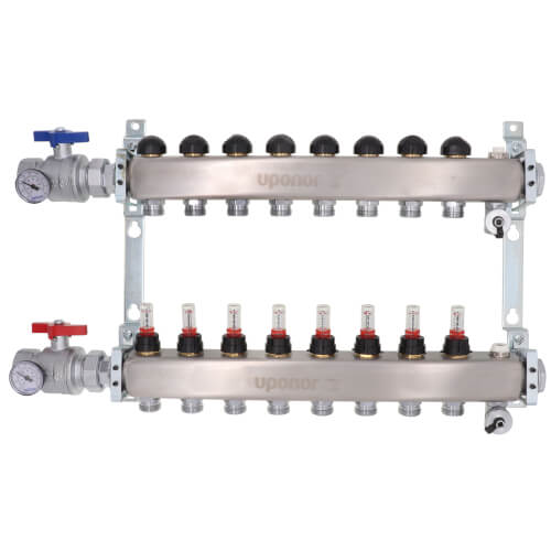 Main product image of 8-Loop 1-1/4" Stainless Steel Radiant Heat Manifold Assembly w/ Flow Meter