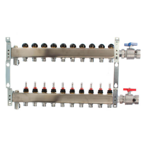 Main product image of 10-Loop 1-1/4" Stainless Steel Radiant Heat Manifold Assembly w/ Flow Meter
