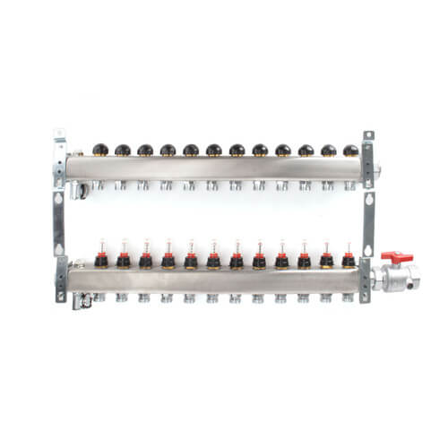 Main product image of 12-Loop 1-1/4" Stainless Steel Radiant Heat Manifold Assembly w/ Flow Meter