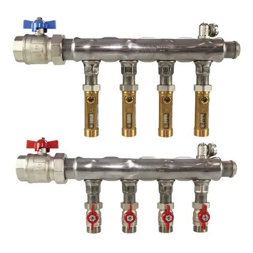 Main product image of 8-Loop 1-1/2" Stainless Steel Radiant Heat Manifold Assembly w/ Flow Meter and Ball Valve
