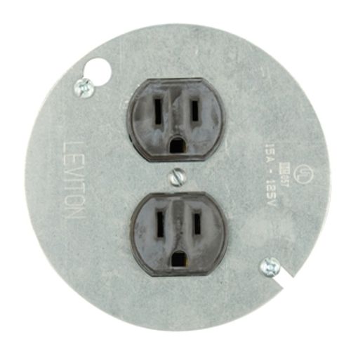 Main product image of 15A, 125V NEMA 5-15r, 2-pole, 3-wire, w/ Ears Duplex Receptacle, Straight Blade, Grounding, 4" Cover Mounted, Side Wired, Steel Strap (Brown)