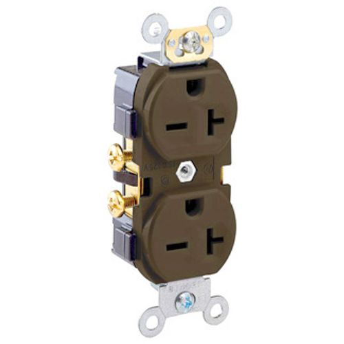 Main product image of Duplex Receptacle Outlet,  Indented Face, 20A, 250V Side Wire, NEMA 6-20R, 2-Pole, 3-Wire, Self-Grounding (Brown)