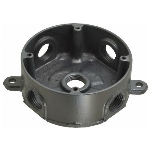 Main product image of 4-1/8" Aluminum Round Outlet Box, 17 Cubic Inches, 1/2" Hub, w/ 5 Outlets (Silver), DS-47