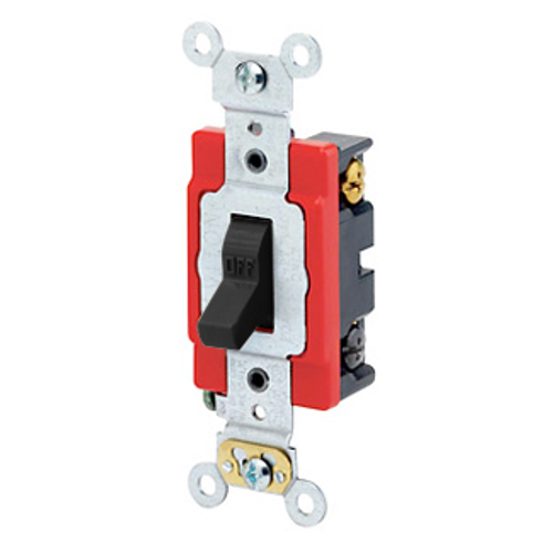 Main product image of 20A, 120/277V Toggle 4-way AC Quiet Switch, Extra Heavy Duty Spec Grade, Self Grounding, Back & Side Wired (Black)