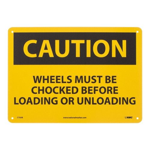 Main product image of 10" High Caution Wheels Must Be Chocked Before Loading and Unloading Aluminum Sign, C70AB