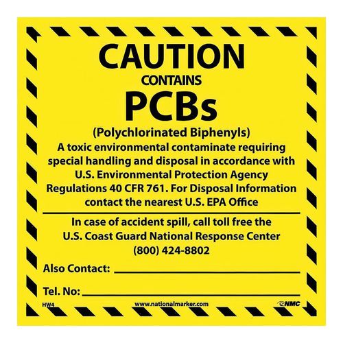 Main product image of 6" x 6" Caution Contains Pcbs (Polychlorinated Biphenyls) Vinyl Hazardous Material Label, HW4C