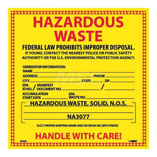 Main product image of 6" x 6" Hazardous Waste Federal Law Prohibits Improper Disposal Vinyl Hazardous Material, HW8S