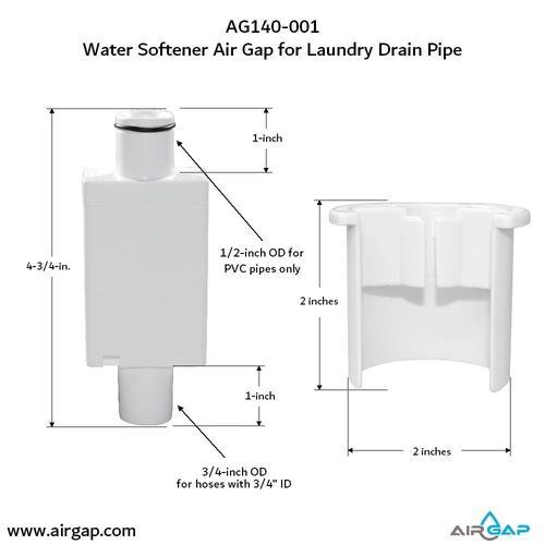 Main product image of Drain Pipe Water Softener Air Gap For Washing Machine Box w/ 1/2" PVC Slip Inlet and 2" Drain Pipe