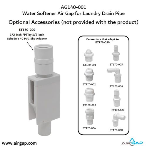 Main product image of Drain Pipe Water Softener Air Gap For Washing Machine Box w/ 1/2" PVC Slip Inlet and 2" Drain Pipe