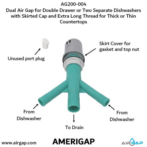 Main product image of Dual Air Gap for Double Drawer Dishwasher w/ Skirted Cap, Two 5/8" OD Inlets and 7/8" OD Outlet