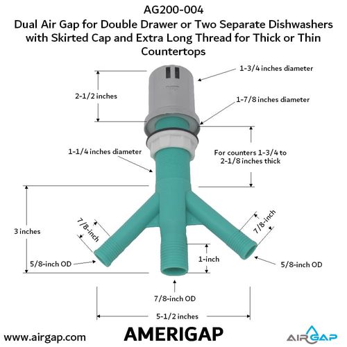 Main product image of Dual Air Gap for Double Drawer Dishwasher w/ Skirted Cap, Two 5/8" OD Inlets and 7/8" OD Outlet