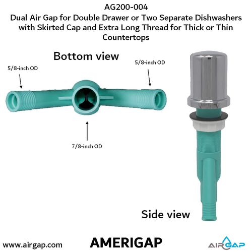 Main product image of Dual Air Gap for Double Drawer Dishwasher w/ Skirted Cap, Two 5/8" OD Inlets and 7/8" OD Outlet