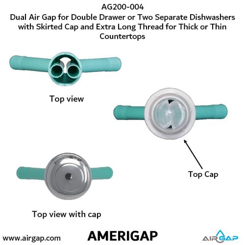 Main product image of Dual Air Gap for Double Drawer Dishwasher w/ Skirted Cap, Two 5/8" OD Inlets and 7/8" OD Outlet
