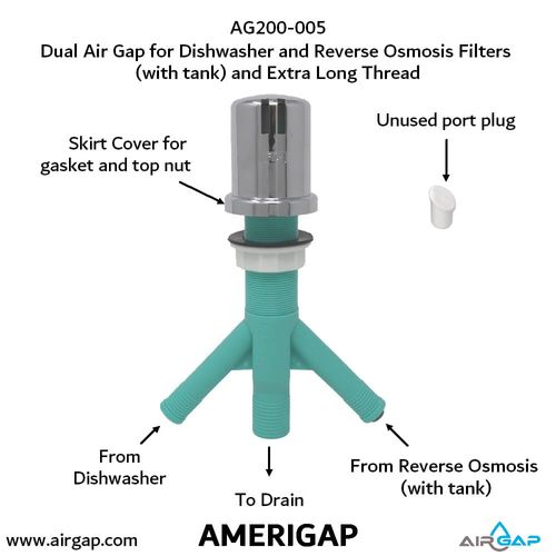 Main product image of Dual Air Gap for Dishwasher and Reverse Osmosis w/ Skirted Cap, 5/8" x 1/4" OD Inlets and 7/8" OD Outlet