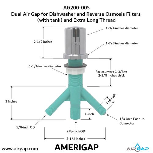 Main product image of Dual Air Gap for Dishwasher and Reverse Osmosis w/ Skirted Cap, 5/8" x 1/4" OD Inlets and 7/8" OD Outlet
